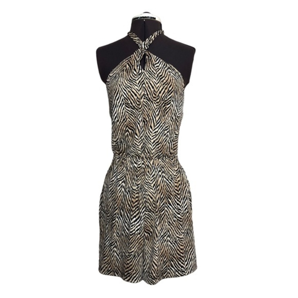Banana Republic‎ Animal Print Halter Neck Backless Pockets Rushed Waist Romper M